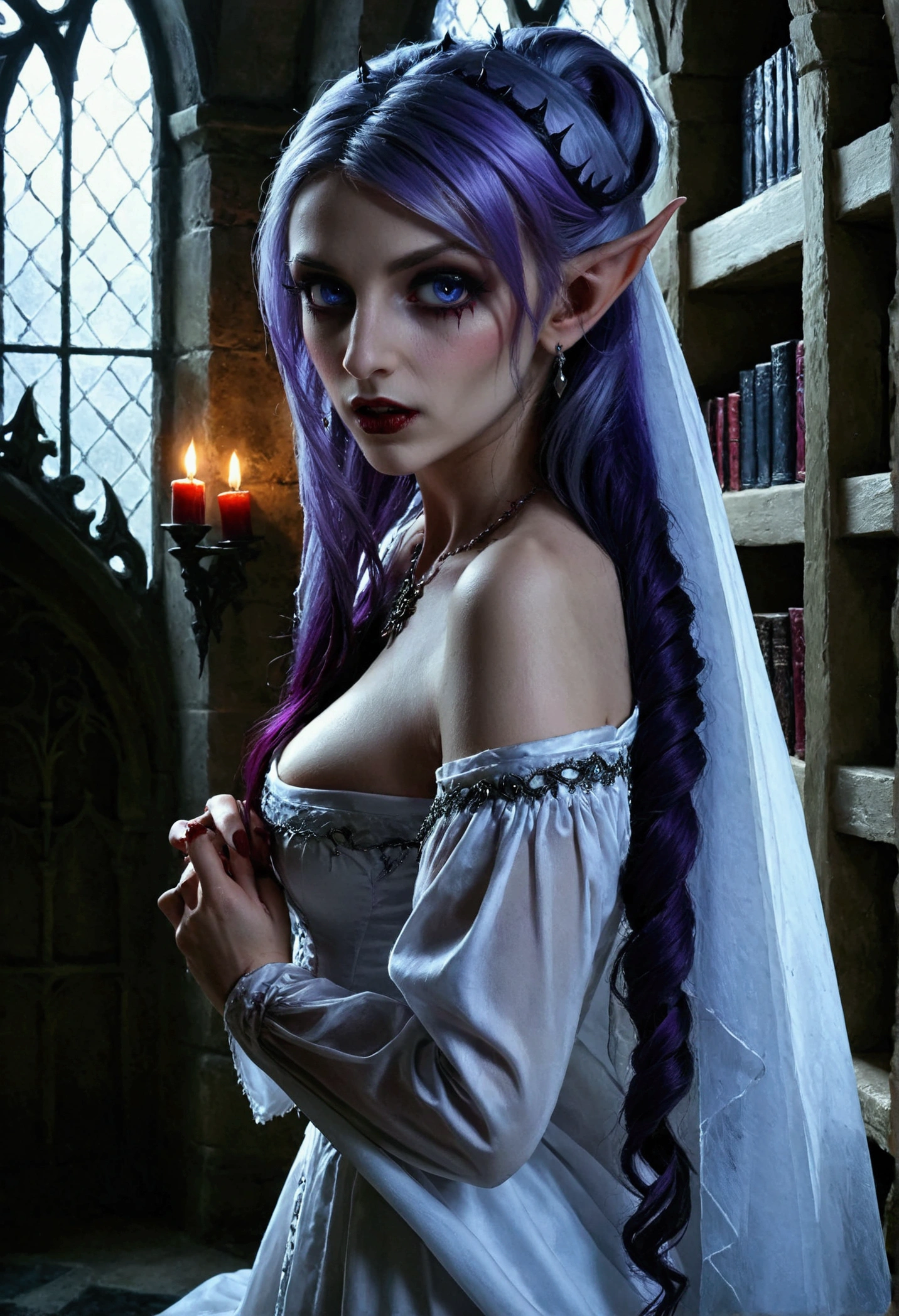 arafed a picture of elf vampire in her castle. an exquisite beautiful female elf vampire (ultra details, Masterpiece, best quality), bloody mouth, purple hair, pale skin, hair in a ponytail, long hair, blue eyes, small pointed ears, cold eyes, smirking, wearing white dress (ultra details, Masterpiece, best quality), red cloak, in dark fantasy library, book shelves, arafed high details, best quality, 16k, [ultra detailed], masterpiece, best quality, (ultra detailed), full body, ultra wide shot, photorealism, RAW, dark fantasy art, gothic art, wearing Haute_Couture designer dress, Dark Novel, Dark Art Painting Style, dripping blood, hud_s1n, short black dress, long sleeves, veil, thighhighs