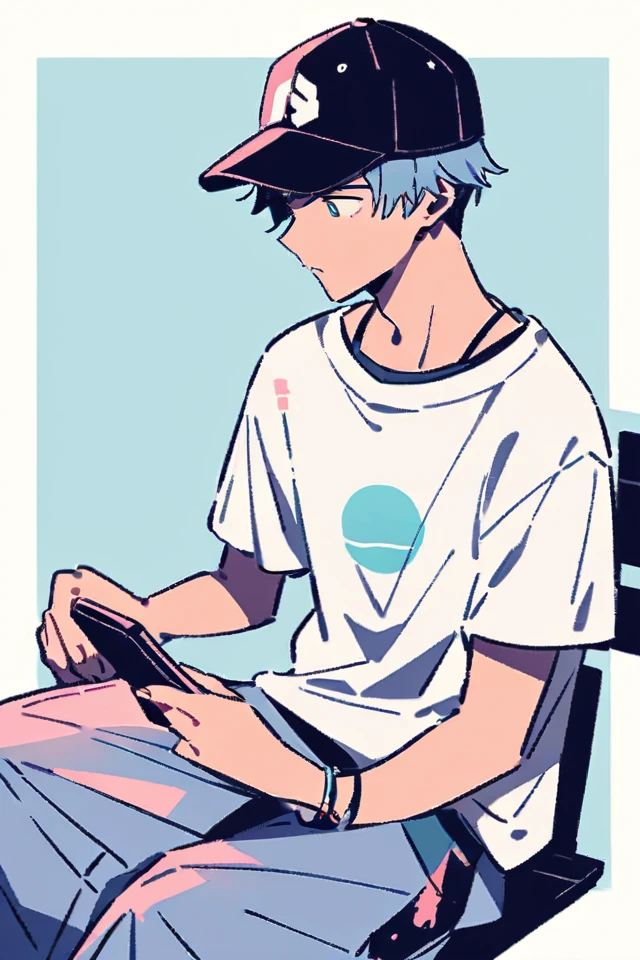 Create a detailed anime illustration of a boy with short hair in a casual streetwear outfit. He should be wearing a baseball cap, baggy pants, and a graphic t-shirt. He is seated on a bench, holding a mobile phone, with a serene expression. Use a two-tone pastel background to highlight the modern and minimalist setting.
