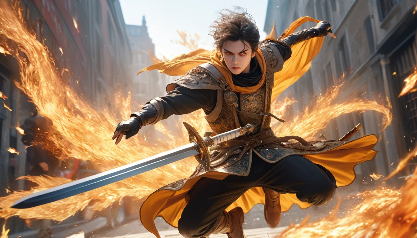 Realistic photos, RAW Photos, sword saint, attacks viewer, Powerful movements, jump on prey, ((Dynamic jump)),, sword saint approaching from above, sudden approach, Bad-tempered, dynamic Shot from grand, flame magic,High resolution, masterpiece, Highest quality, Intricate details, Very detailed, Clear focus,texture, Delicate eyes, Professional, 4K,Shallow and deep, Kodak Vision Color, Exactly, Very detailed, photograph_\(Extremist\), photographpractical, practical, Post-processing, Maximum details, Roughness, Real Life, Extremist practical, Photorealism, photographgraphy, 8K Ultra HD, photographgraphy