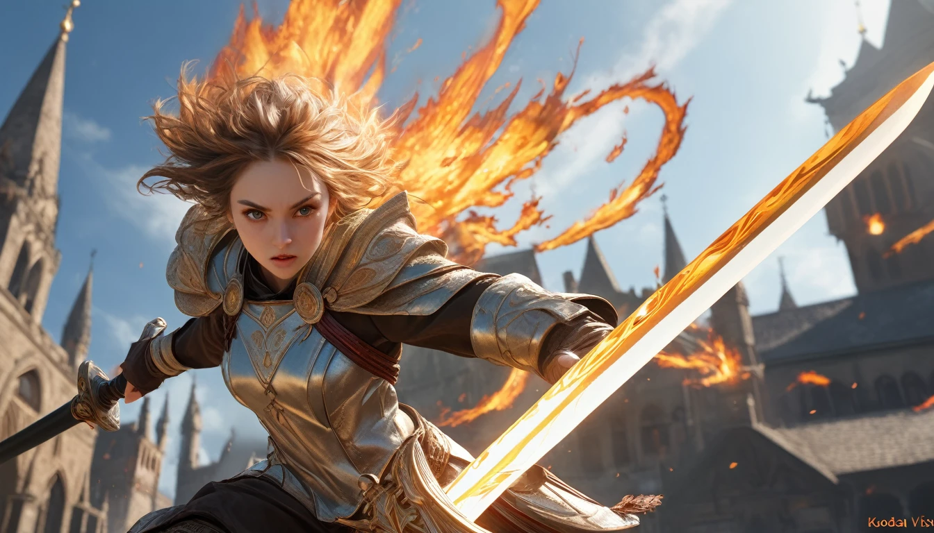 Realistic photos, RAW Photos, sword saint, attacks viewer, Powerful movements, jump on prey, ((Dynamic jump)),, sword saint approaching from above, sudden approach, Bad-tempered, dynamic Shot from grand, flame magic,High resolution, masterpiece, Highest quality, Intricate details, Very detailed, Clear focus,texture, Delicate eyes, Professional, 4K,Shallow and deep, Kodak Vision Color, Exactly, Very detailed, photograph_\(Extremist\), photographpractical, practical, Post-processing, Maximum details, Roughness, Real Life, Extremist practical, Photorealism, photographgraphy, 8K Ultra HD, photographgraphy