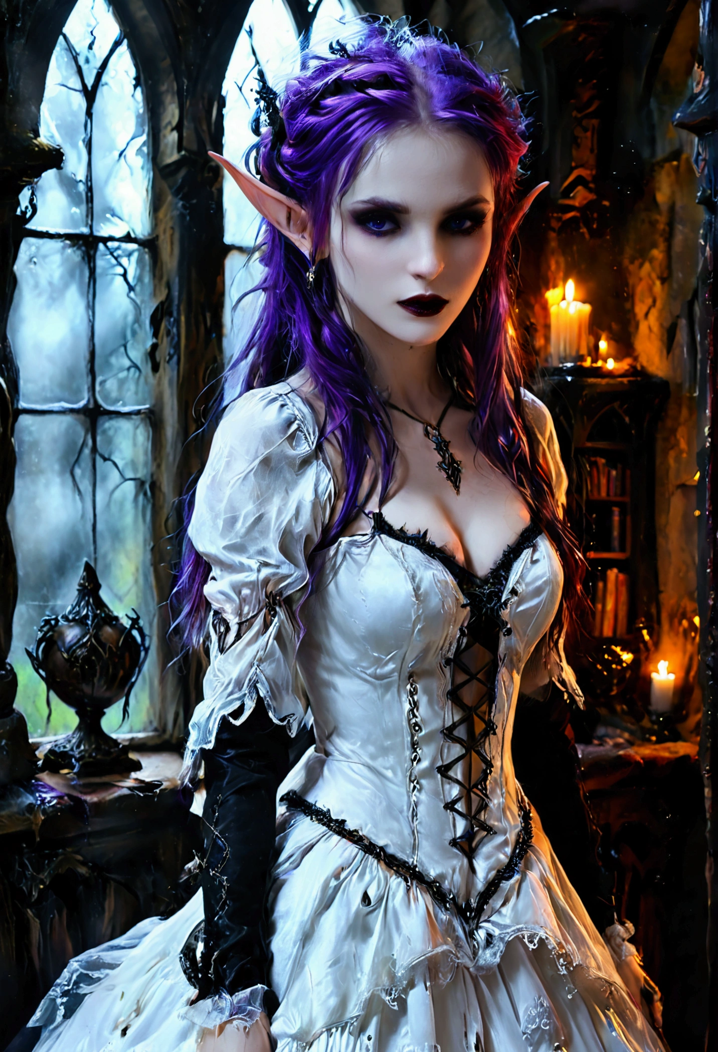 arafed a picture of elf vampire in her castle. an exquisite beautiful female elf vampire (ultra details, Masterpiece, best quality), bloody mouth, purple hair, pale skin, hair in a ponytail, long hair, blue eyes, small pointed ears, cold eyes, smirking, wearing white dress (ultra details, Masterpiece, best quality), red cloak, in dark fantasy library, book shelves, arafed high details, best quality, 16k, [ultra detailed], masterpiece, best quality, (ultra detailed), full body, ultra wide shot, photorealism, RAW, dark fantasy art, gothic art, wearing Haute_Couture designer dress, Dark Novel, Dark Art Painting Style, dripping blood, hud_s1n, short black dress, long sleeves, veil, thighhighs