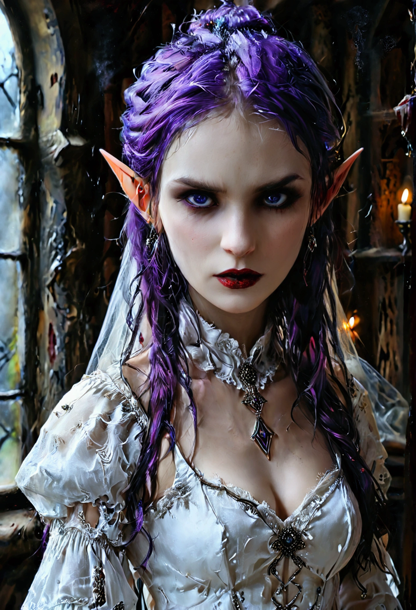 arafed a picture of elf vampire in her castle. an exquisite beautiful female elf vampire (ultra details, Masterpiece, best quality), bloody mouth, purple hair, pale skin, hair in a ponytail, long hair, blue eyes, small pointed ears, cold eyes, smirking, wearing white dress (ultra details, Masterpiece, best quality), red cloak, in dark fantasy library, book shelves, arafed high details, best quality, 16k, [ultra detailed], masterpiece, best quality, (ultra detailed), full body, ultra wide shot, photorealism, RAW, dark fantasy art, gothic art, wearing Haute_Couture designer dress, Dark Novel, Dark Art Painting Style, dripping blood, hud_s1n, short black dress, long sleeves, veil, thighhighs