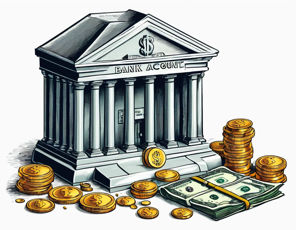An illustration of a company's treasury, a bank account, money, coins