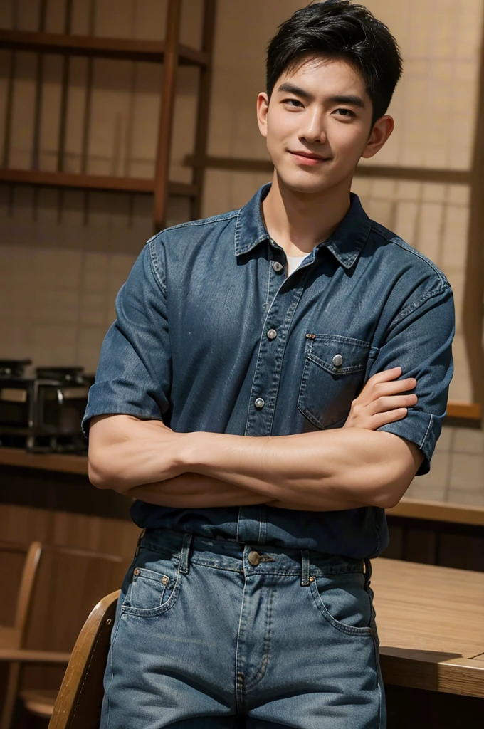 ((realistic daylight)) , Young Korean man in black sports shirt only, no pattern, denim shirt, jeans., A handsome, muscular young Asian man looks at the camera.  , in the restaurant ,turn sideways((realistic daylight)) , Young Korean man in black sports shirt only, no pattern, denim shirt, jeans., A handsome, muscular young Asian man looks at the camera.  , in the restaurant ,turn sideways, smile