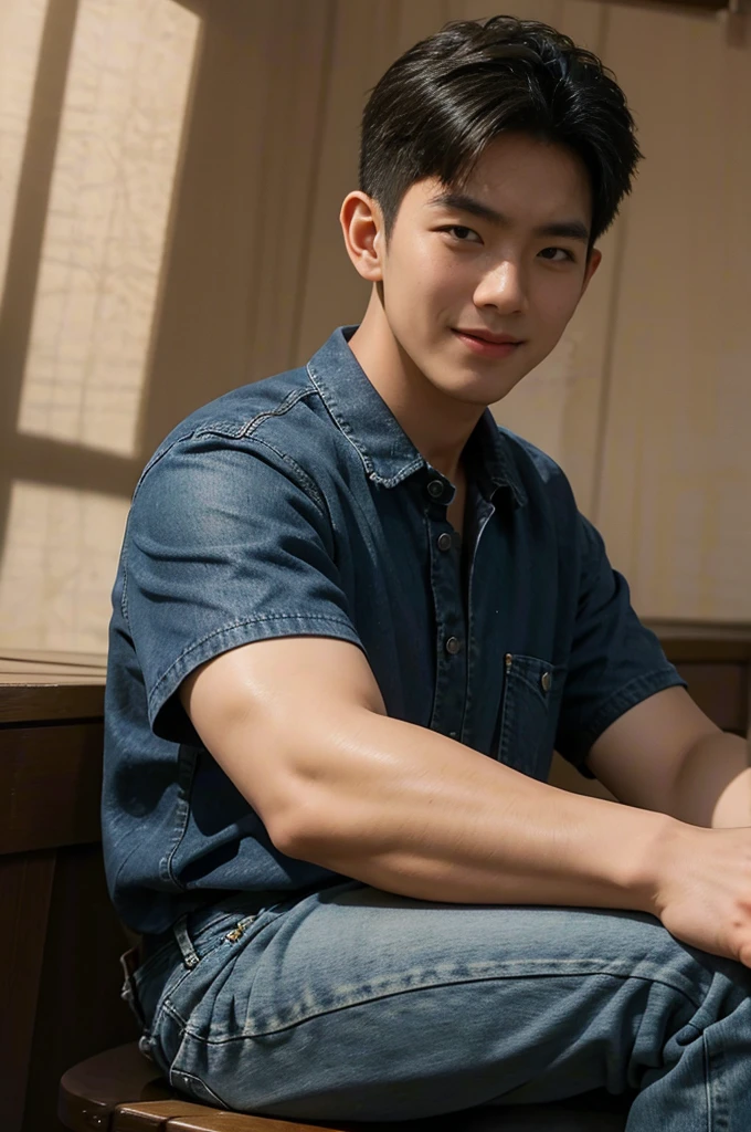 ((realistic daylight)) , Young Korean man in black sports shirt only, no pattern, denim shirt, jeans., A handsome, muscular young Asian man looks at the camera.  , in the restaurant ,turn sideways((realistic daylight)) , Young Korean man in black sports shirt only, no pattern, denim shirt, jeans., A handsome, muscular young Asian man looks at the camera.  , in the restaurant ,turn sideways, smile