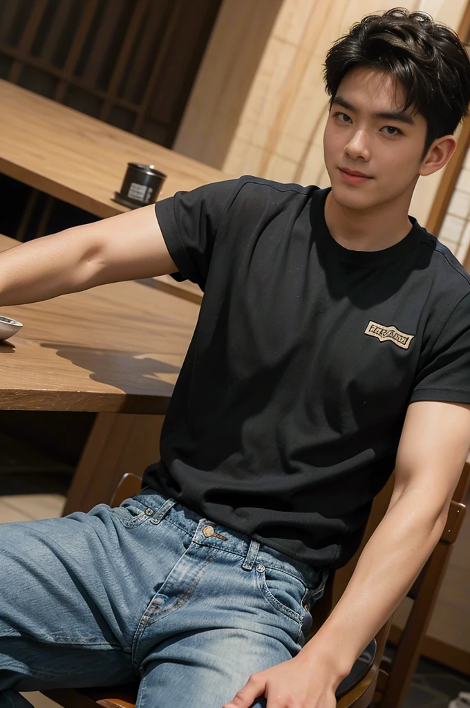 ((realistic daylight)) , Young Korean man in black sports shirt only, no pattern, denim shirt, jeans., A handsome, muscular young Asian man looks at the camera.  , in the restaurant ,turn sideways((realistic daylight)) , Young Korean man in black sports shirt only, no pattern, denim shirt, jeans., A handsome, muscular young Asian man looks at the camera.  , in the restaurant ,turn sideways, smile