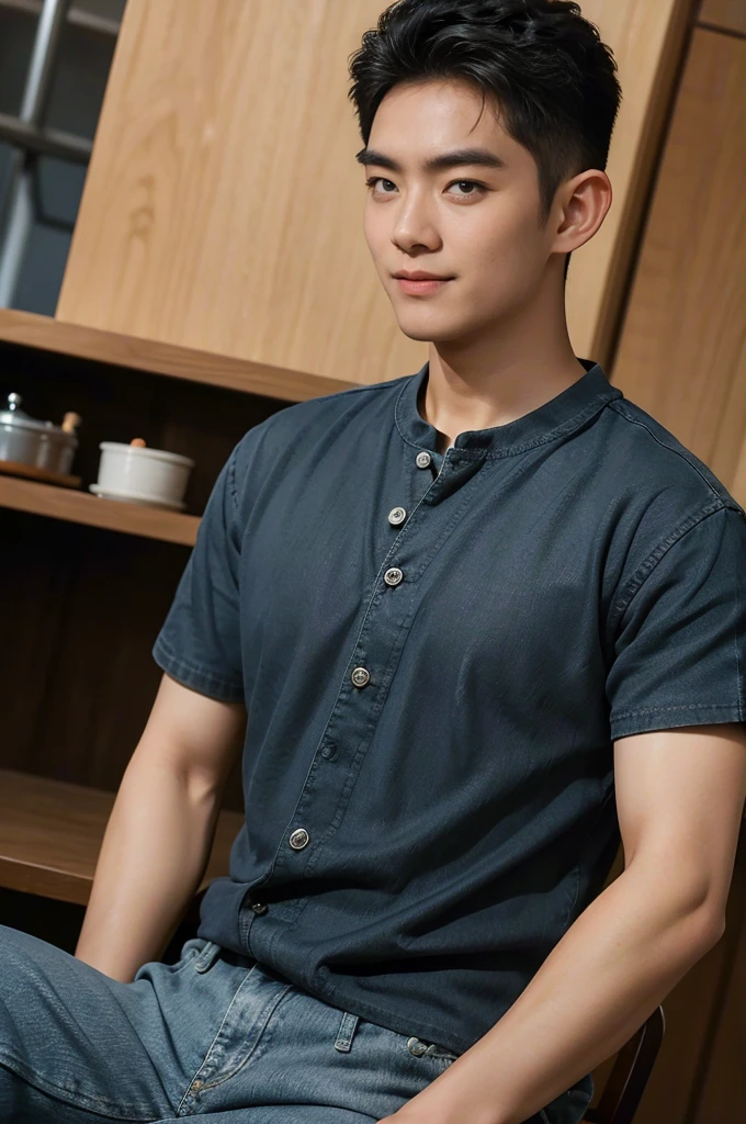((realistic daylight)) , Young Korean man in black sports shirt only, no pattern, denim shirt, jeans., A handsome, muscular young Asian man looks at the camera. , in the restaurant ,turn sideways((realistic daylight)) , Young Korean man in black sports shirt only, no pattern, denim shirt, jeans., A handsome, muscular young Asian man looks at the camera. , in the restaurant ,turn sideways, smile