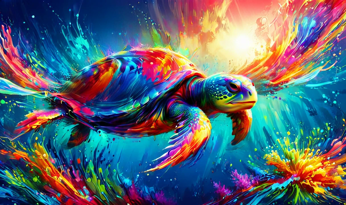 photorealistic, detailed digital illustration of a Graceful sea turtle cruising effortlessly at a Vibrant coral island with shallow waters Lens Flare, 