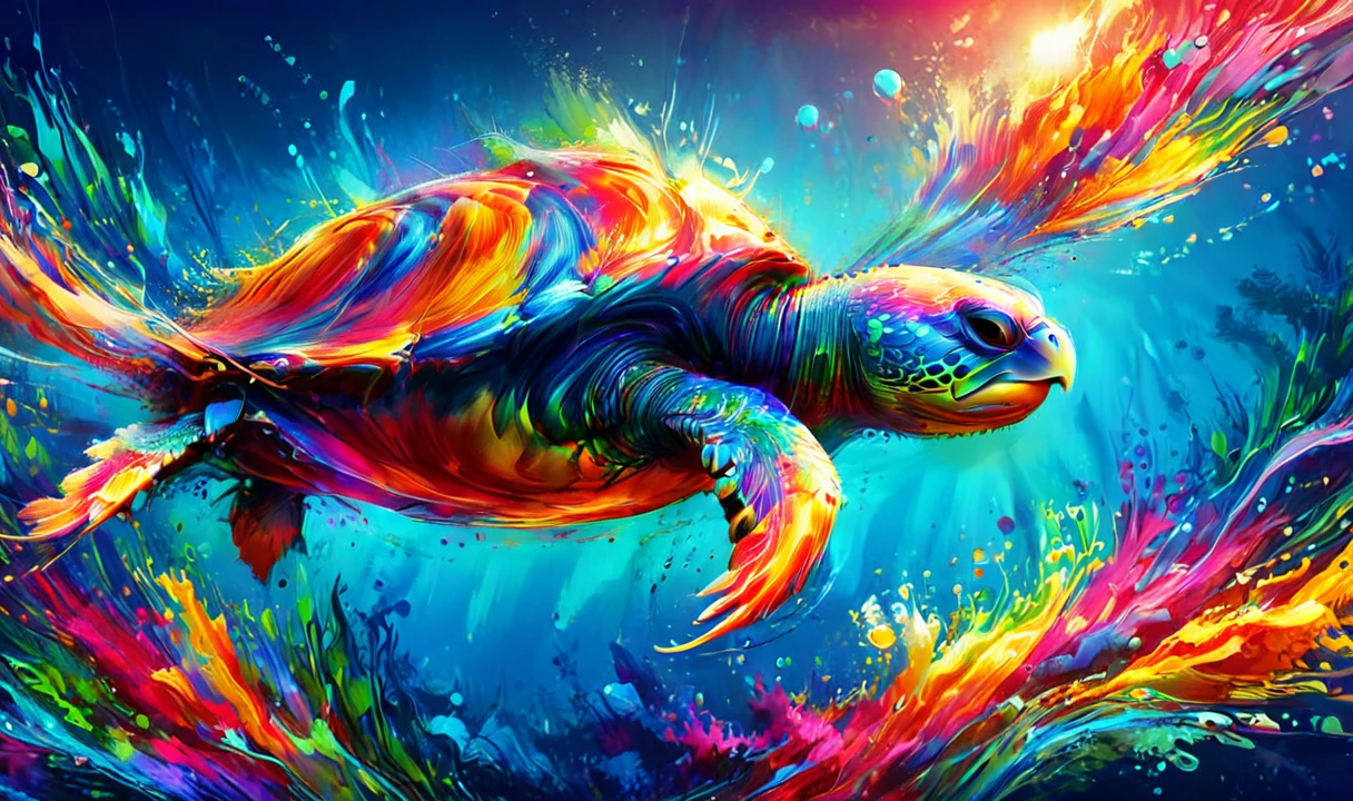 photorealistic, detailed digital illustration of a Graceful sea turtle cruising effortlessly at a Vibrant coral island with shallow waters Lens Flare, 