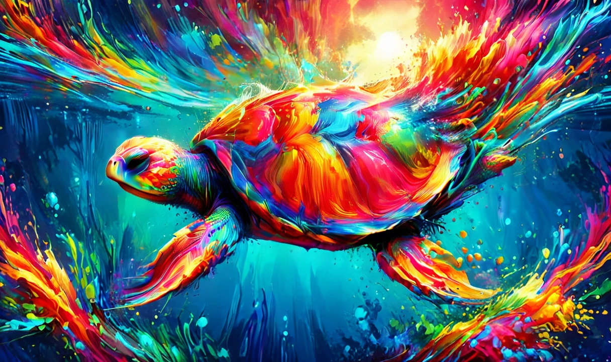 photorealistic, detailed digital illustration of a Graceful sea turtle cruising effortlessly at a Vibrant coral island with shallow waters Lens Flare, 