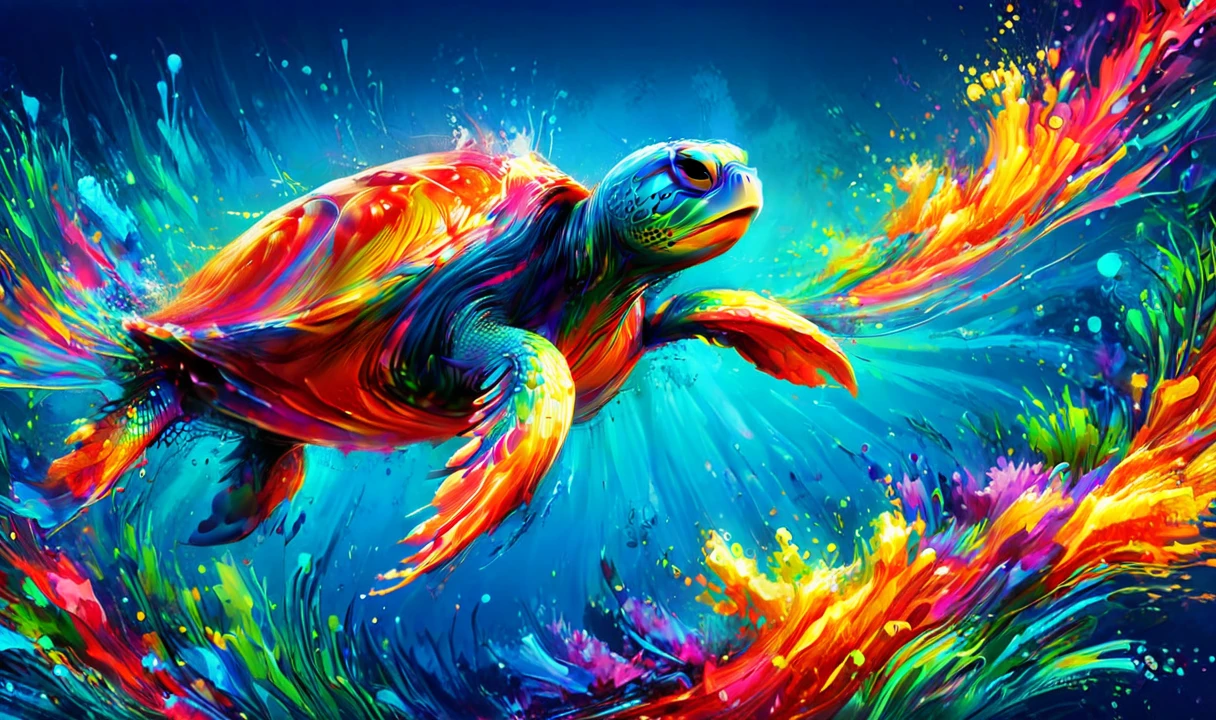 photorealistic, detailed digital illustration of a Graceful sea turtle cruising effortlessly at a Vibrant coral island with shallow waters Lens Flare, 