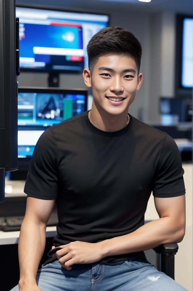 ((realistic daylight)) , Young Korean man in only a black sports shirt, no stripes, and jeans., A handsome, muscular young Asian man looks at the camera. , In a computer shop ,turn sideways, smile