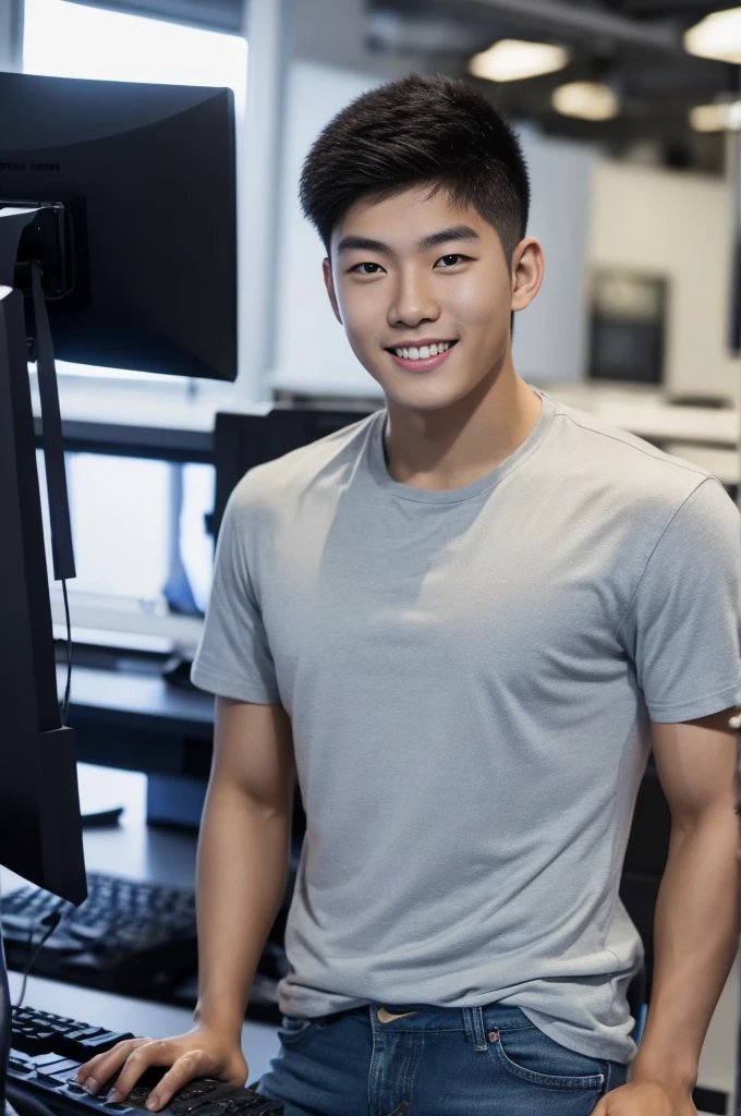 ((realistic daylight)) , Young Korean man in only a black sports shirt, no stripes, and jeans., A handsome, muscular young Asian man looks at the camera.  , In a computer shop ,turn sideways, smile