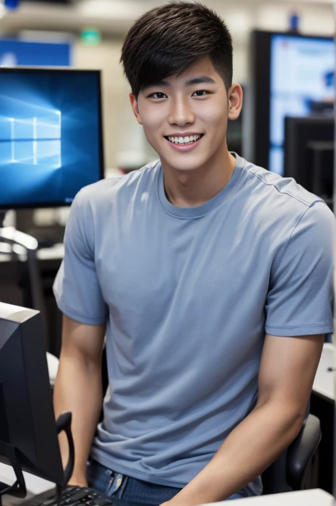 ((realistic daylight)) , Young Korean man in a navy blue polo shirt only, no stripes, and jeans., A handsome, muscular young Asian man looks at the camera.  , in the meadow wheat ,turn sideways, smile