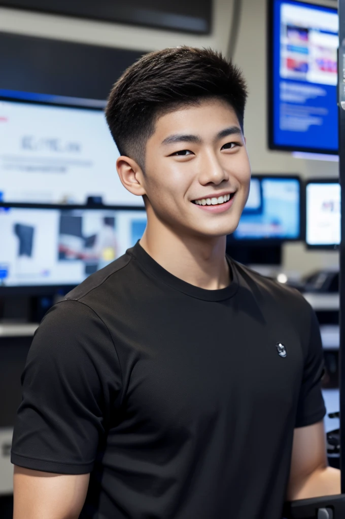 ((realistic daylight)) , Young Korean man in only a black sports shirt, no stripes, and jeans., A handsome, muscular young Asian man looks at the camera.  , In a computer shop ,turn sideways, smile