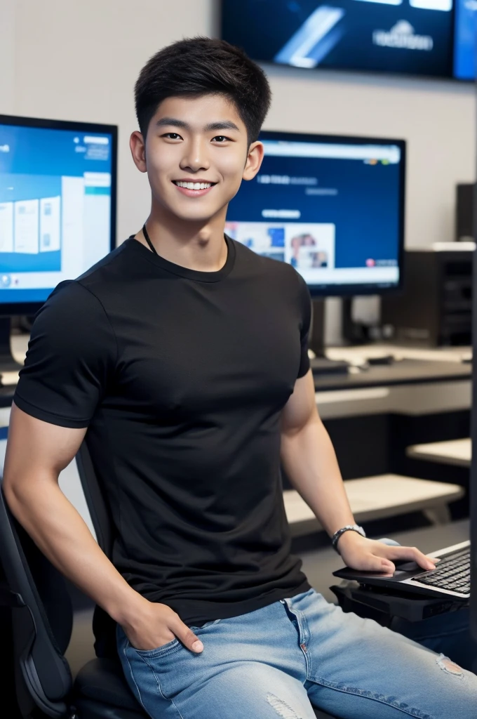 ((realistic daylight)) , Young Korean man in only a black sports shirt, no stripes, and jeans., A handsome, muscular young Asian man looks at the camera.  , In a computer shop ,turn sideways, smile