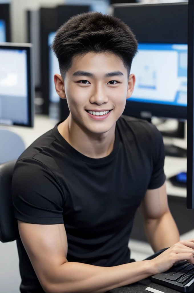 ((realistic daylight)) , Young Korean man in only a black sports shirt, no stripes, and jeans., A handsome, muscular young Asian man looks at the camera. , In a computer shop ,turn sideways, smile