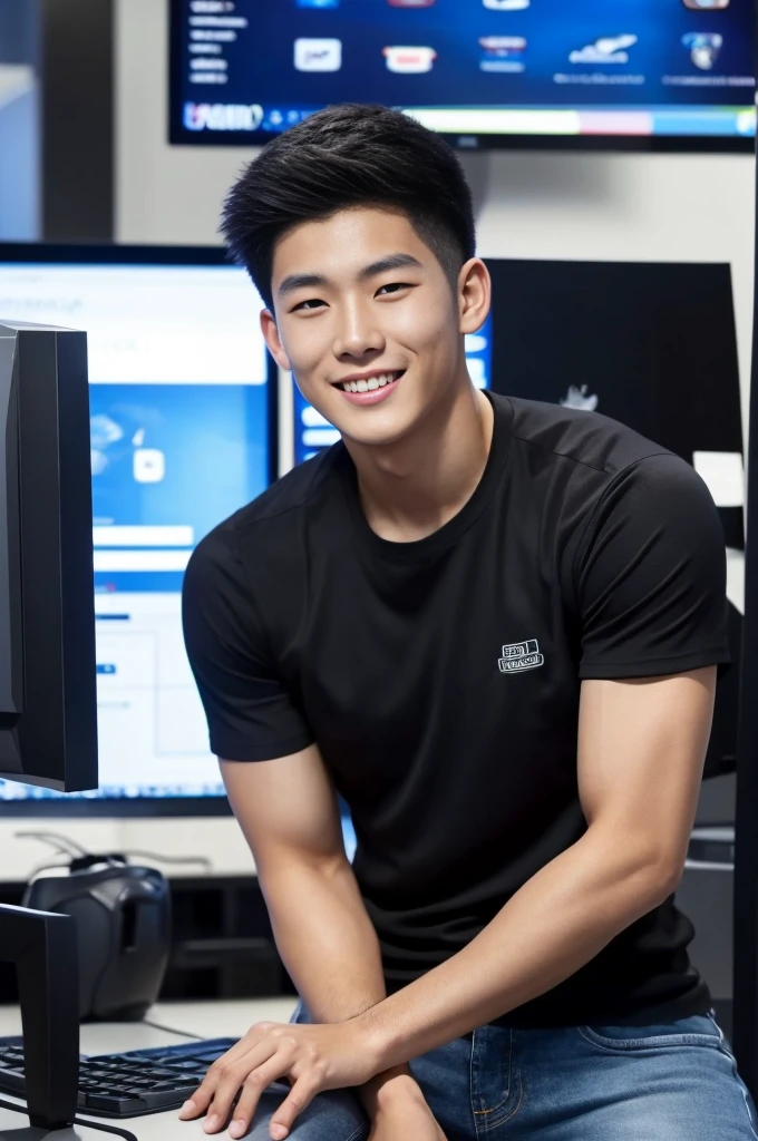 ((realistic daylight)) , Young Korean man in only a black sports shirt, no stripes, and jeans., A handsome, muscular young Asian man looks at the camera.  , In a computer shop ,turn sideways, smile