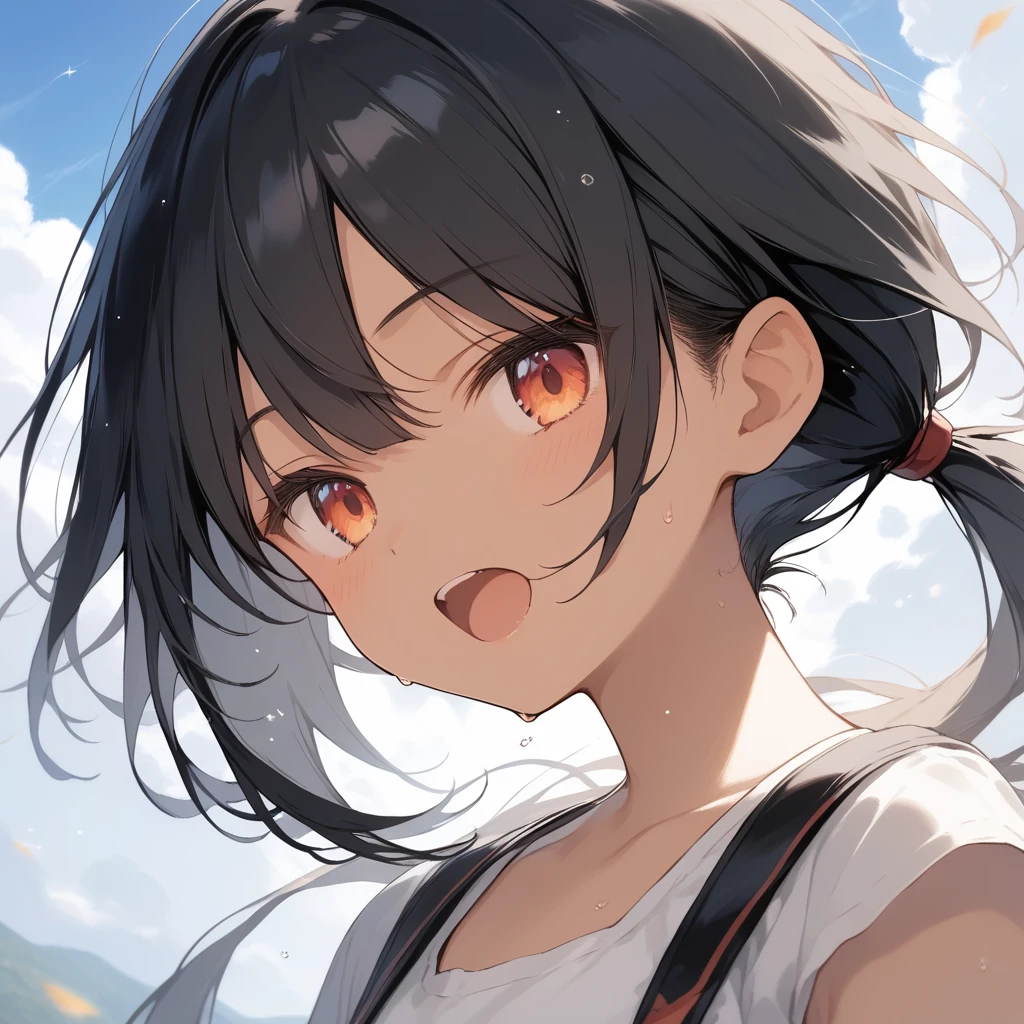 score_9, score_8_up, score_7_up, source_anime, best quality, masterpiece, official art, absurdres, highres, ultra-detailed,waifu2x,Collection: Slice of Life,break,1girl, tomboy, dark-skinned female, short hair, low ponytail, flat chest, beautiful detailed eyes, short shorts, sweat, open mouth, (yawn:0.3), sleepily, outdoors, wind,break,(clear line illustration:1.2), super detailed skin,very high resolution, very aesthetic, Best sexual lighting powered by famous artist, 8k,cute picture,beauty illustration,photoshop_(medium),,(Detailed Lighting),best anime 8k konachan wallpaper, pixiv contest winner,