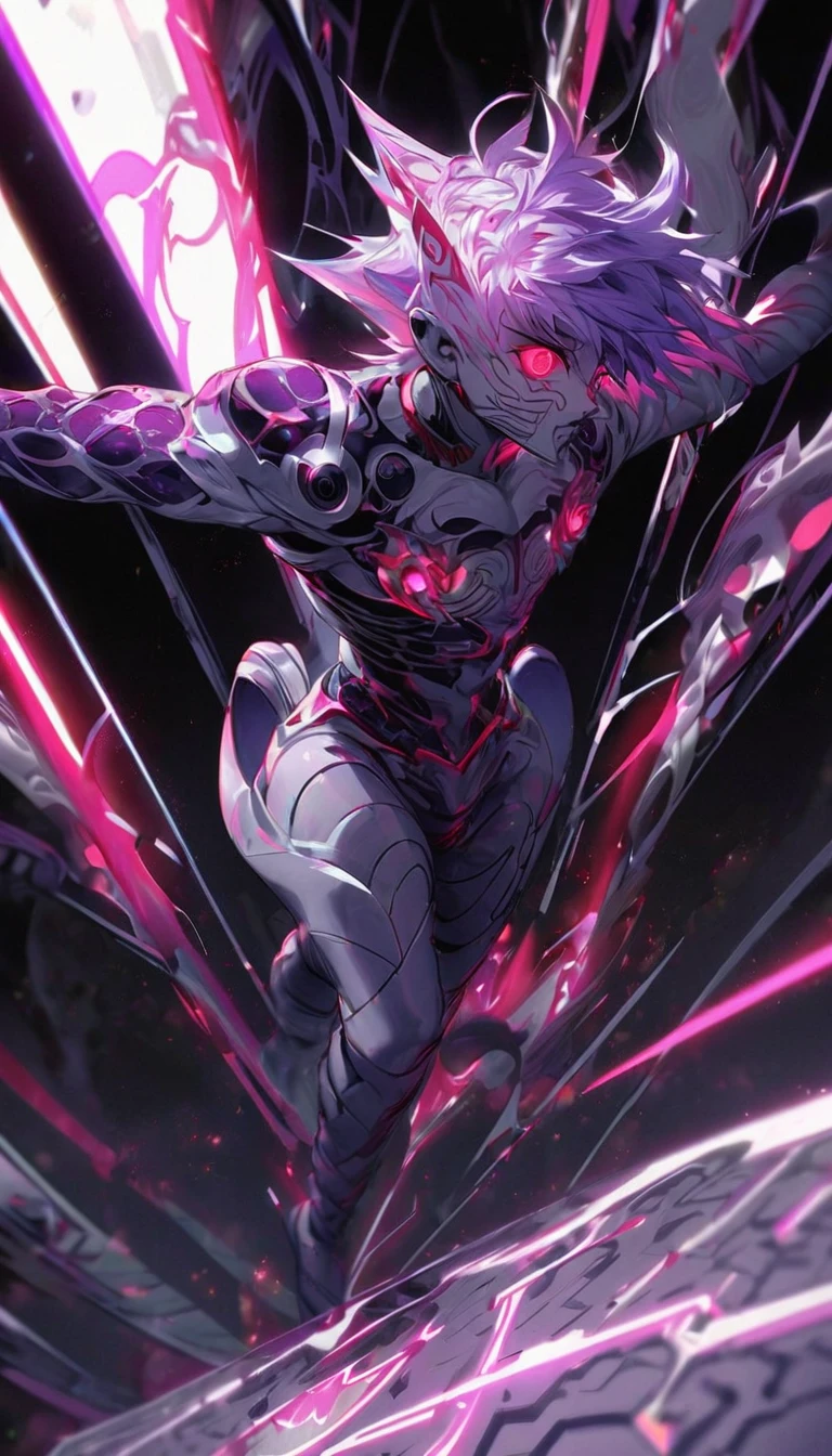 A silver/black lean yet muscular abstract styled youthful age humanoid, with short spiky purple hair, with ears to chin covered, cosmic face, pointed back of the head, white glowing eyes, filled with cosmic matter, extending one arm forward, hands and feet glowing red hot, white neon circuitry designs on body, floating above the ground with arms spread, body designed with Japanese mythological twirls armour with more detailed design Jojo Bizarre Adventures stand anime