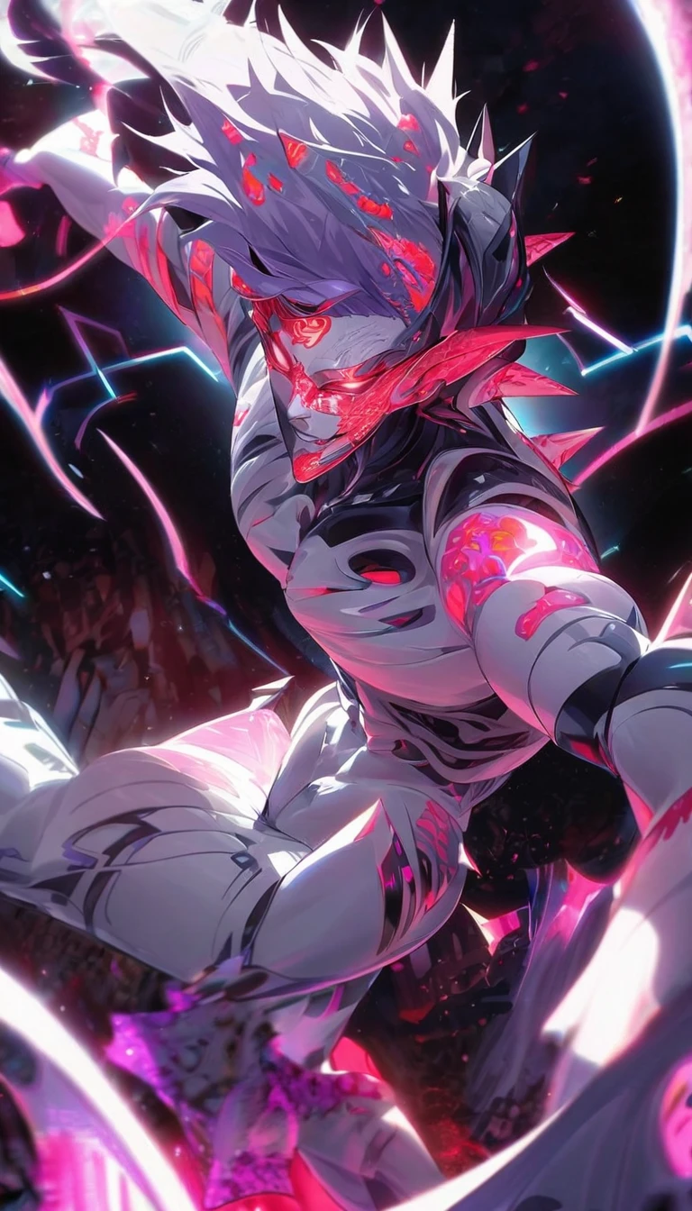 A silver/black lean yet muscular abstract styled youthful teenage humanoid, with short spiky purple hair, with ears to chin covered, cosmic face, pointed back of the head, white glowing eyes, filled with cosmic matter, extending one arm forward, hands and feet glowing red hot, white neon circuitry designs on body, floating above the ground with arms spread, body designed with Japanese mythological twirls armour with more detailed design Jojo Bizarre Adventures stand anime