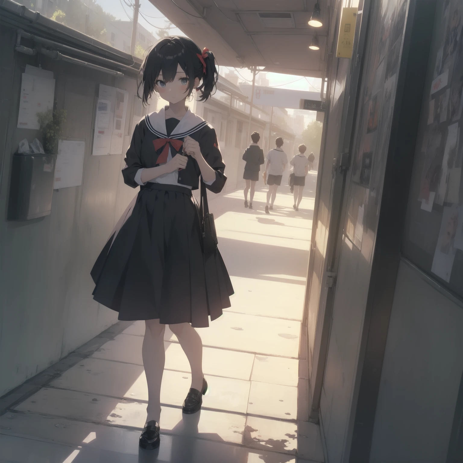 ultra-absurdres-Top quality by artist God, ultra-detailed, high resolution, anime moe artstyle, best anime 8k konachan wallpaper, pixiv contest winner, pool:2810, perfect anatomy,break, 1girl, (Please draw a girl walking sleepily to school alone. )break,(Solo,little female, 13-year-old:1.3),Full limbs, complete fingers,a junior high school student, (very short hair), short cut, flat chest, , small butt, small black eyes, beautiful detailed eyes, well-proportioned iris and pupils, expressive eyes, highres detailed hair, soft expression, salor school_uniform, sailor collar, serahuku, bow, pleated skirt,(Detailed Lighting), (Detailed background), in the School commute route. break,super detailed skin, Best cinematic lighting powered by famous artist, 8k,beauty illustration,photoshop_(medium),very aesthetic,break,((artist:yuuhagi_(amaretto-no-natsu) )), artist:clamp ,artist:carnelian ,artist:kantoku ,