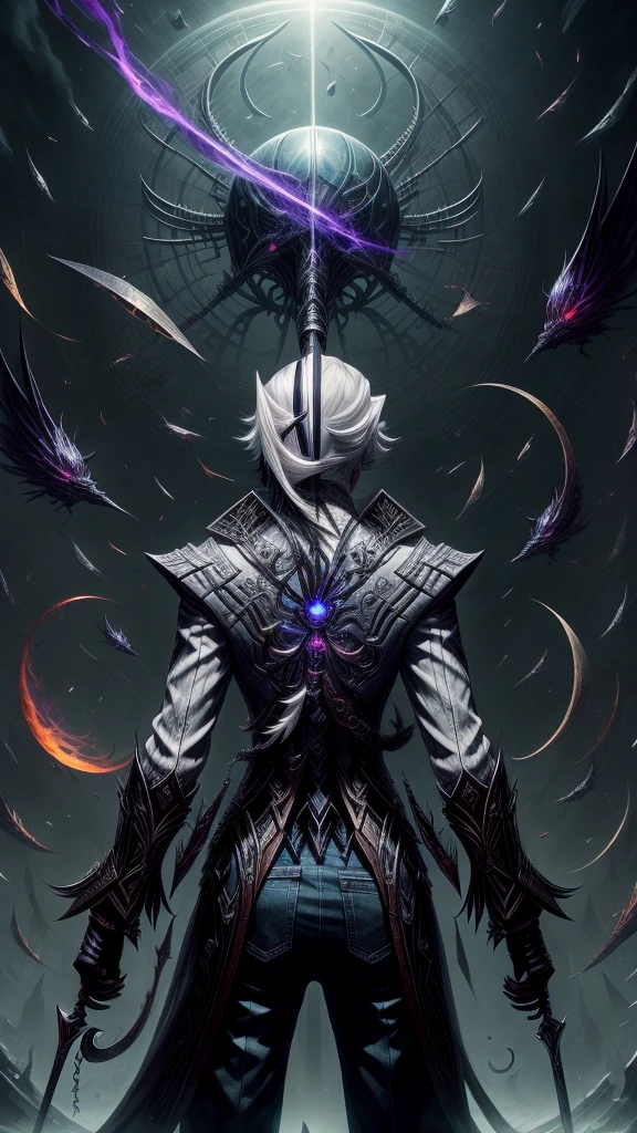 ((fantasy art)) featuring an alien girl, immersed in a heavenly symphony, clouds turn into bright splashes, flowers are scattered, like notes in the wind, visual orchestration of color and wonder"1 girl, One, White hair, black hair, multicolored hair, black eyes, x-shaped pupils, White Arles_suit , face concentrated in pants, bloody scythe behind your back, красная scythe