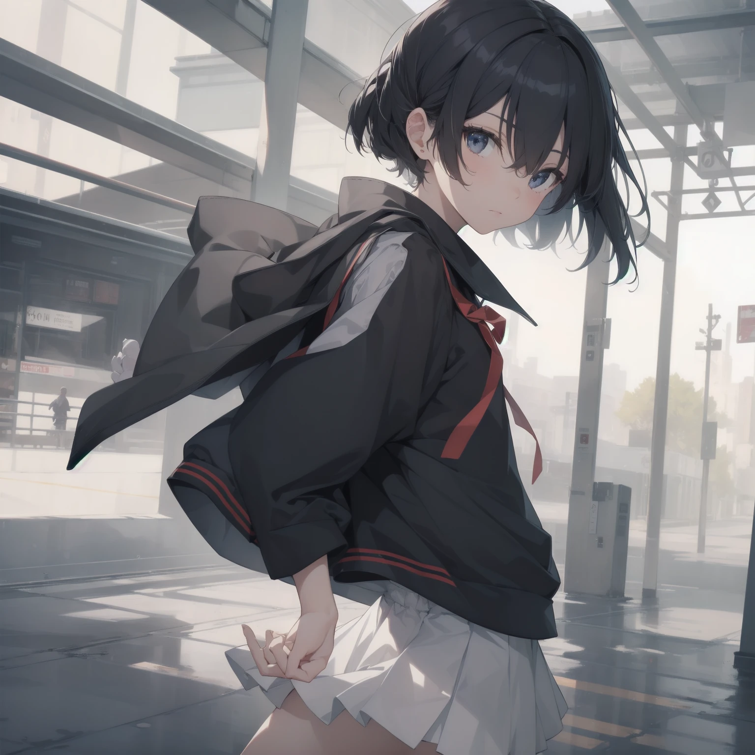 ultra-absurdres-Top quality by artist God, ultra-detailed, high resolution, anime moe artstyle, best anime 8k konachan wallpaper, pixiv contest winner, pool:2810, perfect anatomy,break, 1girl, (Please draw a girl walking sleepily to school alone. )break,(Solo,little female, 13-year-old:1.3),Full limbs, complete fingers,a junior high school student, (very short hair), short cut, flat chest, , small butt, small black eyes, beautiful detailed eyes, well-proportioned iris and pupils, expressive eyes, highres detailed hair, soft expression, salor school_uniform, sailor collar, serahuku, bow, pleated skirt,(Detailed Lighting), (Detailed background), in the School commute route. break,super detailed skin, Best cinematic lighting powered by famous artist, 8k,beauty illustration,photoshop_(medium),very aesthetic,break,((artist:yuuhagi_(amaretto-no-natsu) )), artist:clamp ,artist:carnelian ,artist:kantoku ,