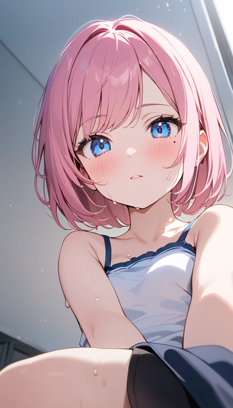 (1 girl),(Best Picture Quality, 8K, Masterpiece:1.3), (high school student:1.5), ((pink lob hair:1.1)), (bob cut),(swept bangs), (cute eyes, pupil black, iris skyblue, youthful face), (mole under right eye), (standard weight), (small breasts),(big hip), (glistening skin:1.1),(pale skin:1.2),(indian style, sitting),(camisole, hot pants),(leg close-up),(sweat),(from below),