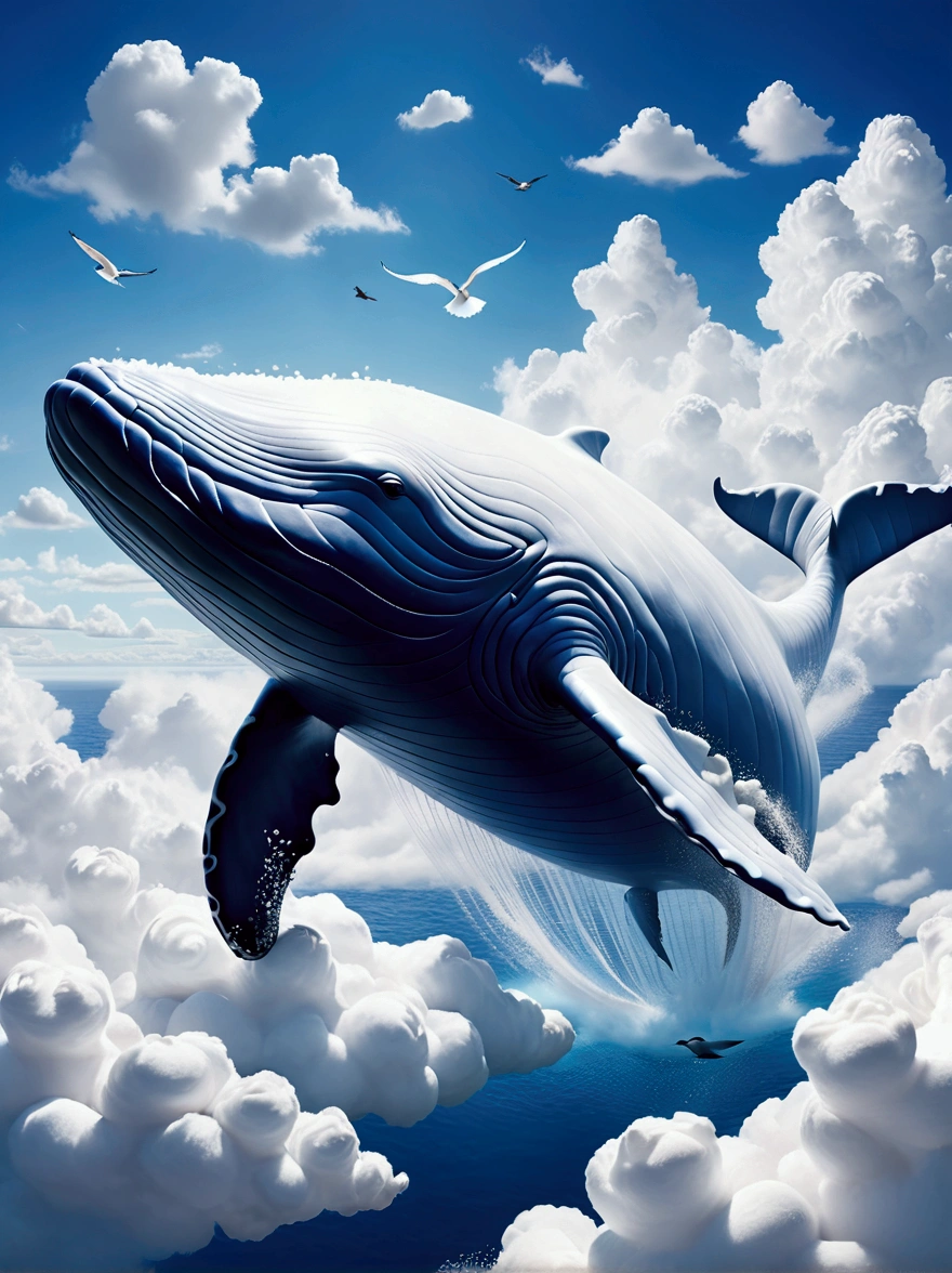(((A colossal whale made of marshmallow-like white clouds))), (((whale's body entirely covered in fluffy white clouds))), (((soaring through the sky))), dreamy world, flying in the sky, iron towers on the ground, (bird's-eye view:1.3), (best quality,4k,8k,highres,masterpiece:1.2), ultra-detailed, (realistic,photorealistic,photo-realistic:1.37), sharp focus, vivid colors, ethereal atmosphere, soft lighting, magical, surreal