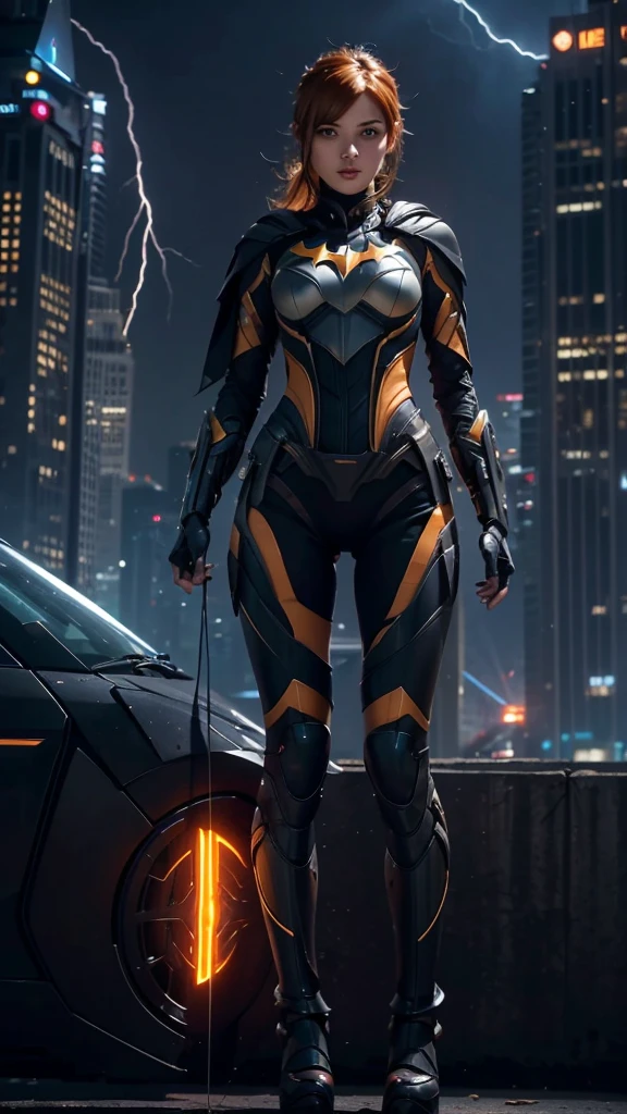 1girl, futuristic batgirl suit, tight Batgirl suit, extremely beautiful, fit body, mecha armor, cape blown by the wind, ((full body)), ultra details, short orange hair, from below, symmetrical pose, gotham city at night, on top of building, lightning storm, thighs gap, Cinematic lighting, batman signal in the sky, city lights