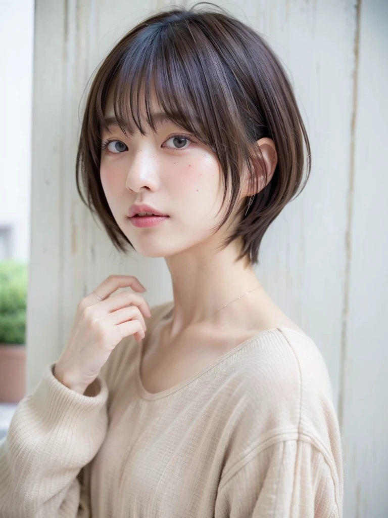 (Highest quality、8k、32K、masterpiece、Hmph:1.2)、Cute Japanese Women Photos、Long sleeve dress、Very short hair、Photographed in natural light、Upper Body、Surface Focus、Simple Necklace、In front of a white door、From above、Looking at the audience、Mix 4、(8k、RAW Photos、Highest quality、masterpiece:1.2)、(Realistic、Photorealistic:1.37)、1 girl、Photon Mapping、Physically Based Rendering、good looking、Excellent image quality、High resolution、1080P、(Beautiful face)、(Detailed facial depiction)、(Detailed explanation of the hand setter muscle parts)、(Detailed CG)、Dirty hair、masterpiece、Rich details、(exquisite features)、(Best image quality)、(masterpiece)、(Detailed eyes)、I look forward to seeing you、Delicate clavicle、Various poses、Selfie