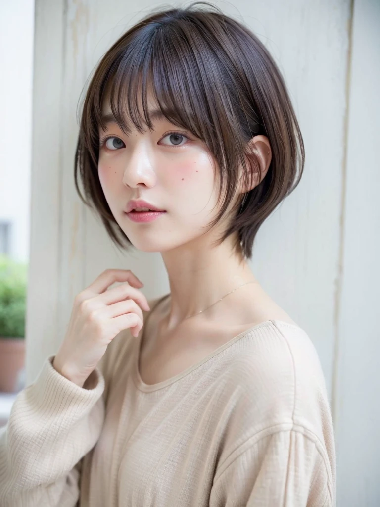 (Highest quality、8k、32K、masterpiece、Hmph:1.2)、Cute Japanese Women Photos、Long sleeve dress、Very short hair、Photographed in natural light、Upper Body、Surface Focus、Simple Necklace、In front of a white door、From above、Looking at the audience、Mix 4、(8k、RAW Photos、Highest quality、masterpiece:1.2)、(Realistic、Photorealistic:1.37)、1 girl、Photon Mapping、Physically Based Rendering、good looking、Excellent image quality、High resolution、1080P、(Beautiful face)、(Detailed facial depiction)、(Detailed explanation of the hand setter muscle parts)、(Detailed CG)、Dirty hair、masterpiece、Rich details、(exquisite features)、(Best image quality)、(masterpiece)、(Detailed eyes)、I look forward to seeing you、Delicate clavicle、Various poses、Selfie