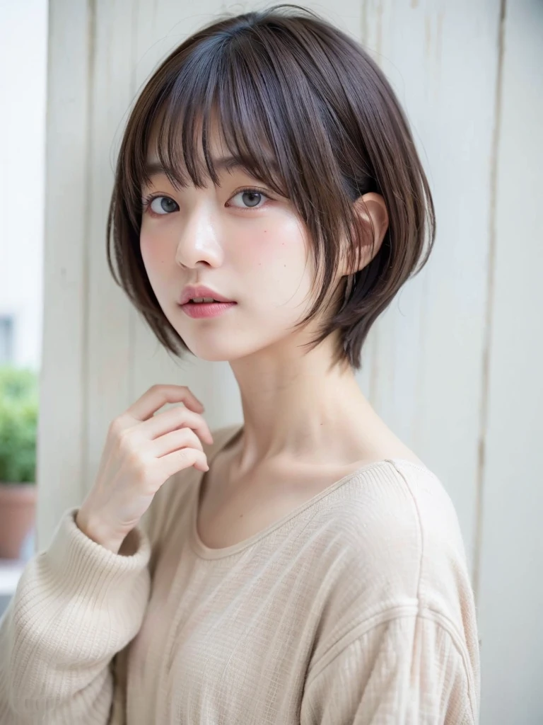 (Highest quality、8k、32K、masterpiece、Hmph:1.2)、Cute Japanese Women Photos、Long sleeve dress、Very short hair、Photographed in natural light、Upper Body、Surface Focus、Simple Necklace、In front of a white door、From above、Looking at the audience、Mix 4、(8k、RAW Photos、Highest quality、masterpiece:1.2)、(Realistic、Photorealistic:1.37)、1 girl、Photon Mapping、Physically Based Rendering、good looking、Excellent image quality、High resolution、1080P、(Beautiful face)、(Detailed facial depiction)、(Detailed explanation of the hand setter muscle parts)、(Detailed CG)、Dirty hair、masterpiece、Rich details、(exquisite features)、(Best image quality)、(masterpiece)、(Detailed eyes)、I look forward to seeing you、Delicate clavicle、Various poses、Selfie