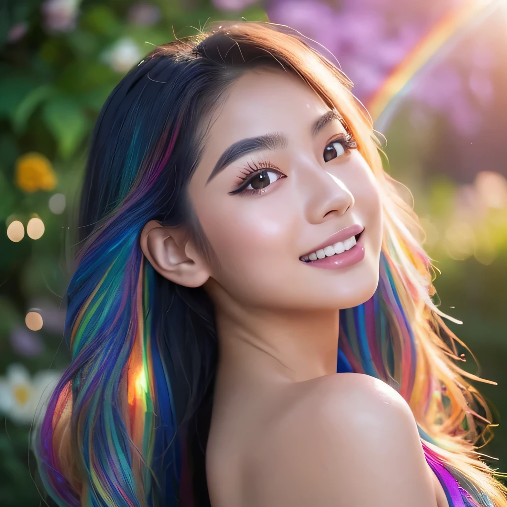 close up portrait of young Thai woman with vibrantblowing hair and mesmerizing eyes, wearing a mermaid dress, fresh smile in a serene garden filled with blooming flowers, a representation of beauty and grace, charming, cute, beautiful, ultra detailed, dream like shot, 8k, sunset,((holographic))), (((rainbowish))), expressive, cinematic, dynamic pose,midjourney
