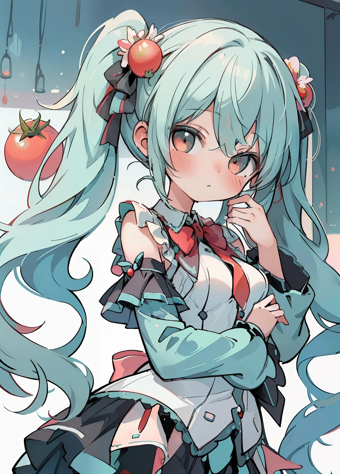 (masterpiece、Highest quality、Highest quality、Official Art、Beautiful and beautiful:1.2)、(One girl:1.3)Hatsune Miku、Twin tails,Beautiful breasts,Close,Girl personified by a tomato、Tomato Boy, Red Tomato、cute、Psychedelic Girlasterpiece、Highest quality、Best image quality