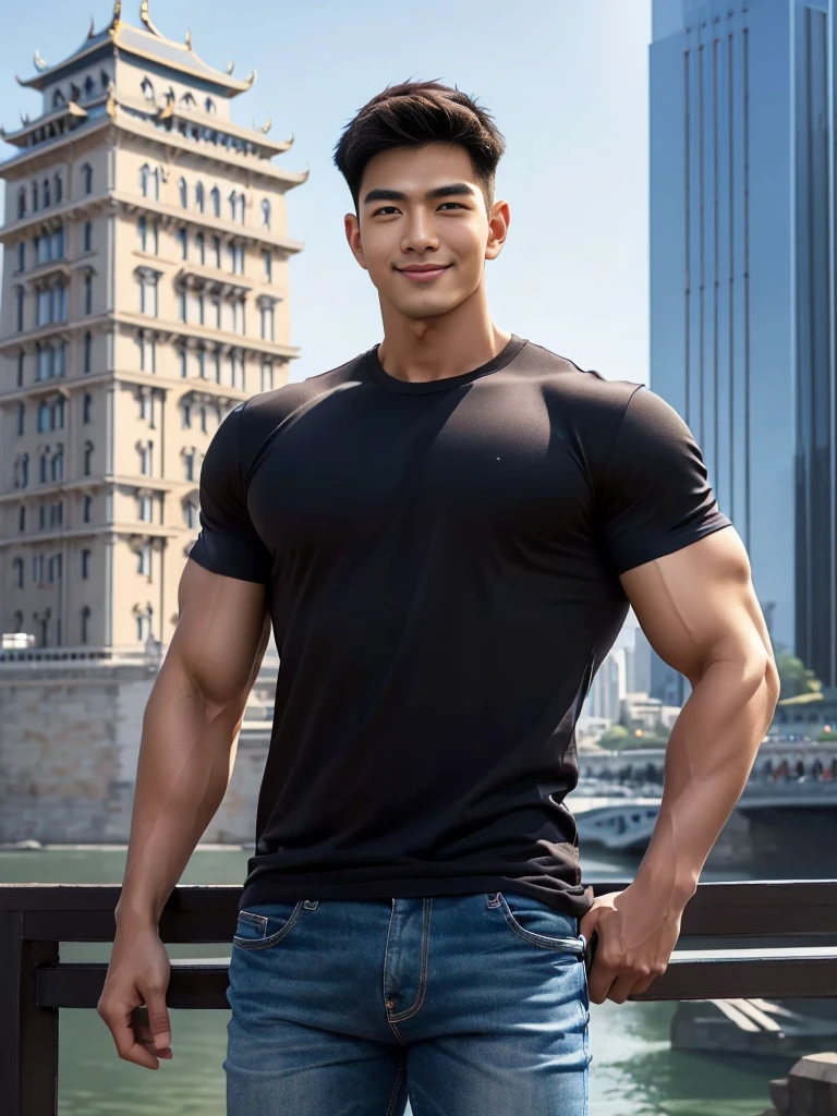 man , Brown t-shirt, jeans, black short hair , outdoor , cute smile , หน้าhandsomeแบบเกาหลีสมจริง , modest muscles , Masterpiece、High resolution、Surreal、detailed face、alone、man、Glowing skin、(Asia)、handsome、(tall building background:1.5)