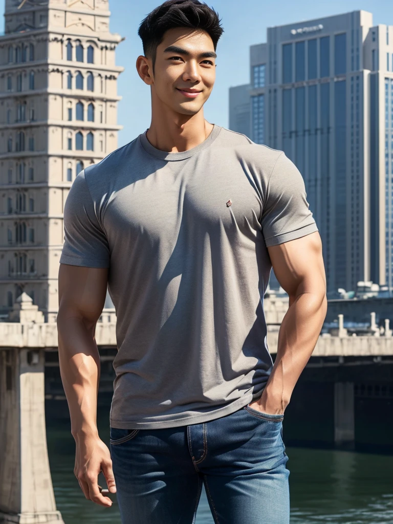 man , Brown t-shirt, jeans, black short hair , outdoor , cute smile , หน้าhandsomeแบบเกาหลีสมจริง , modest muscles , Masterpiece、High resolution、Surreal、detailed face、alone、man、Glowing skin、(Asia)、handsome、(tall building background:1.5)