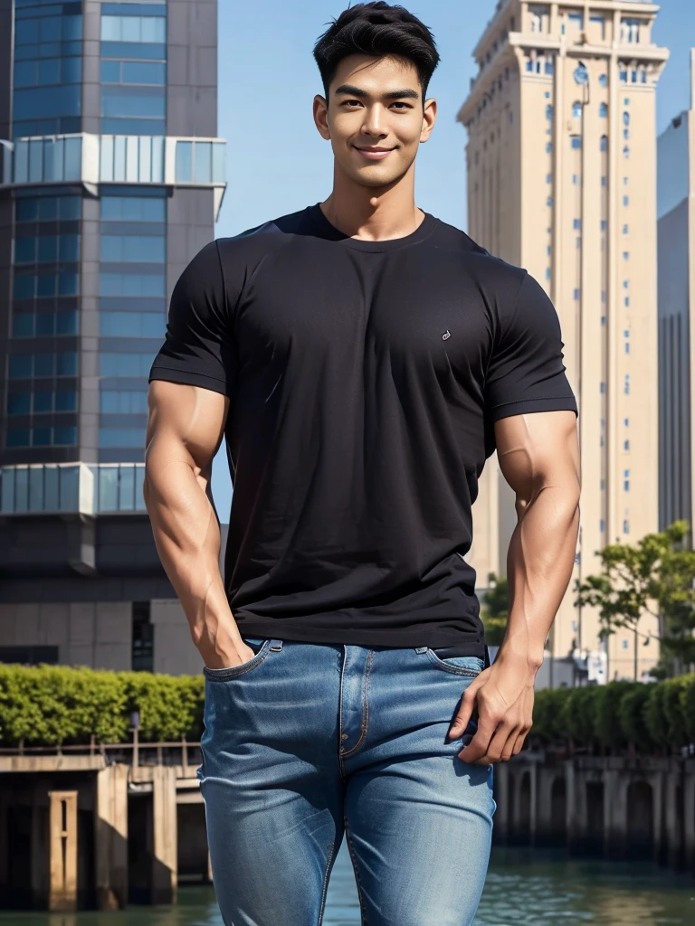 man , Brown t-shirt, jeans, black short hair , outdoor , cute smile , หน้าhandsomeแบบเกาหลีสมจริง , modest muscles , Masterpiece、High resolution、Surreal、detailed face、alone、man、Glowing skin、(Asia)、handsome、(tall building background:1.5)