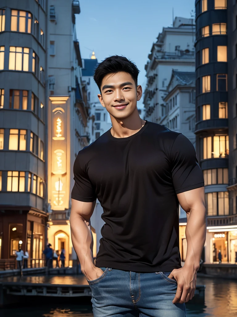 man , Brown t-shirt, jeans, black short hair , outdoor , cute smile , หน้าhandsomeแบบเกาหลีสมจริง , modest muscles , Masterpiece、High resolution、Surreal、detailed face、alone、man、Glowing skin、(Asia)、handsome、(tall building background:1.5)