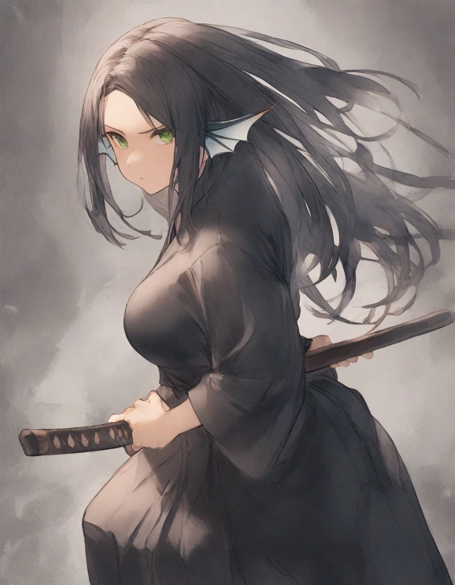 ,(black and white manga style:1.1),snap shot,red katana,fighting stance,(holding huge katana:1.3),,no pattern kimono,(black kimono:1.5),samurai,,,{{{Huge breasts}}},,,,,,long skirt, brooches,Blue brooch,,(dark Blue hair:1.25),gradient_hair,( Green eyes:1.25),hair_ornament detached ,,Very Long Ponytail, poneyTail,, (head fins:1.25),、stormy、lightning bolt,iaidow,weapon, katana, holding sword, ready to draw, sheathed, unsheathing, scabbard,