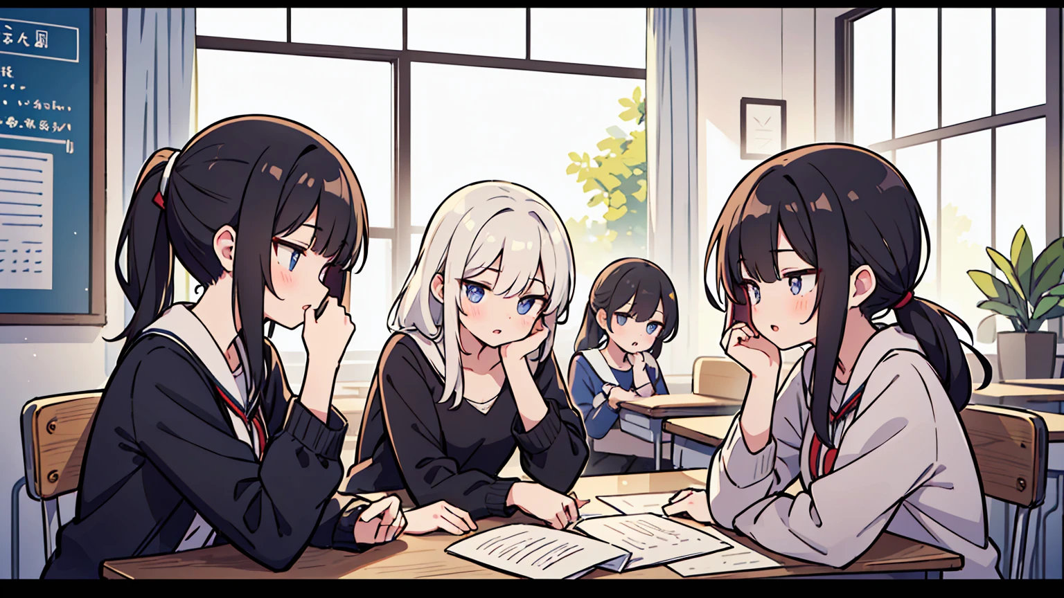 (masterpiece, best quality),Women with different faces and hairstyles, different hair colors, different faces, ponytail, letterboxed, perfection of fashion,chapped lips, casual attire, upper body, from the side,University Classroom, The interior has a modern design,study at the table, eyes look at the note, together, stylish outfit,