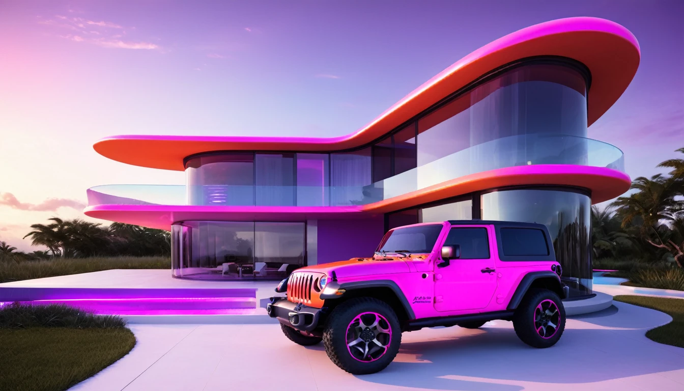 a futuristic house with a floresent hot pink, orange and purple jeep wrangler parked in front of it, cgsocietywlop, beautiful curves, intricate devilish designs, qualia, interesting shapes & form, wow factor, elaborate polished, bioluminescent, colorfull, glow, fluid, architectural rendering, miami, orange soft lighting in interior of house, futuristic battlefield, inspired by James E. Brewton, precise architectural rendering
