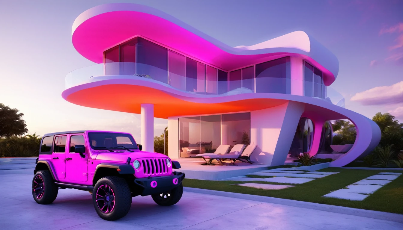 a futuristic house with a floresent hot pink, orange and purple jeep wrangler parked in front of it, cgsocietywlop, beautiful curves, intricate devilish designs, qualia, interesting shapes & form, wow factor, elaborate polished, bioluminescent, colorfull, glow, fluid, architectural rendering, miami, orange soft lighting in interior of house, futuristic battlefield, inspired by James E. Brewton, precise architectural rendering