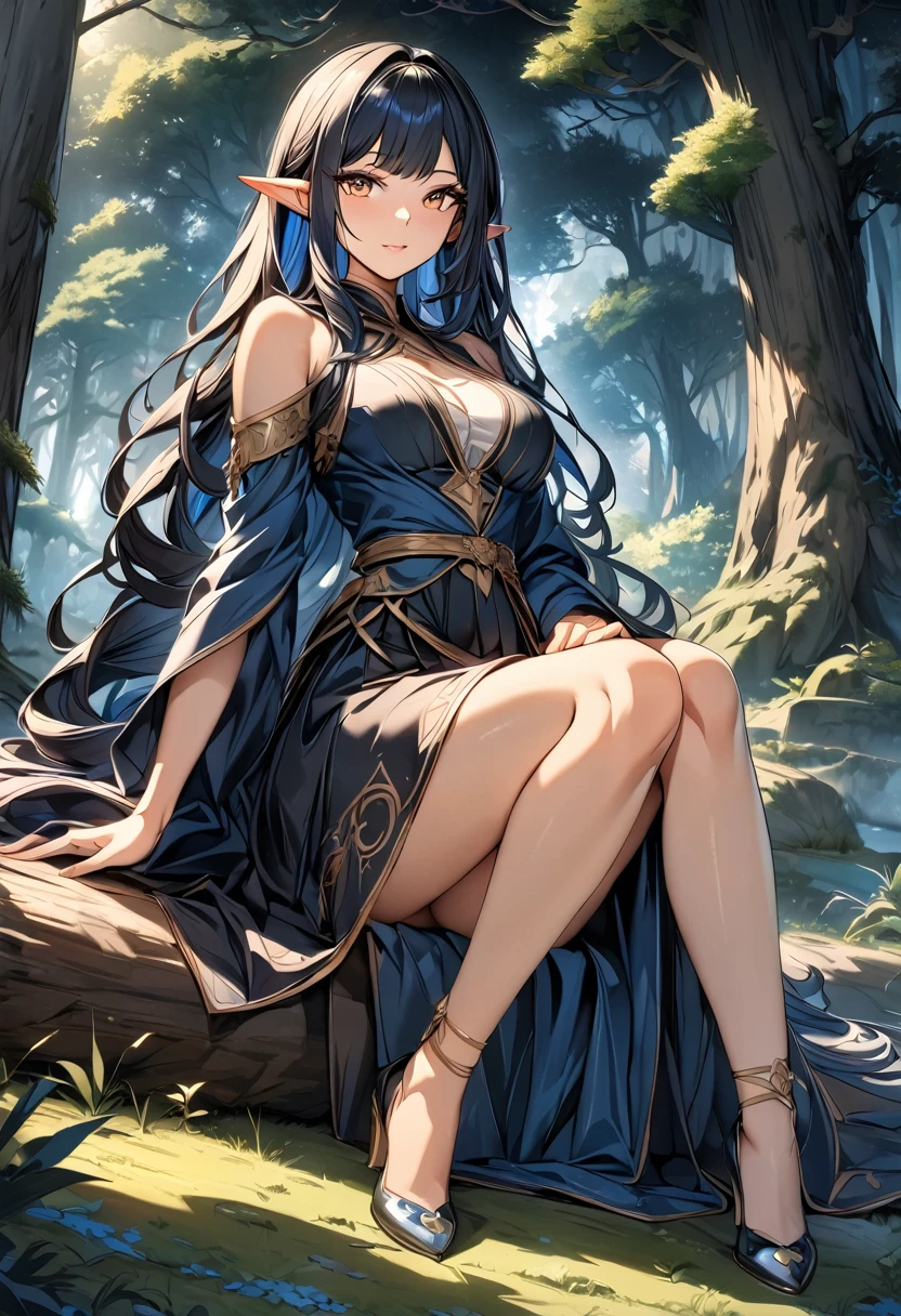 high quality, 4k, 8k, highres, HDR, UHD, masterpiece, ultra-detailed, a beautiful elf woman in a dark fantasy forest, sitting pose, creative angle, mature woman. extremely detailed face, long flowing hair, dark blue hair, curious expression, sitting under a large tree, anime style, highly detailed, 8k, fantasy art, magical atmosphere, mossy ground, dark setting, demonic forest, glowing eyes, pointed ears, detailed dress, intricate details, fantasy landscape