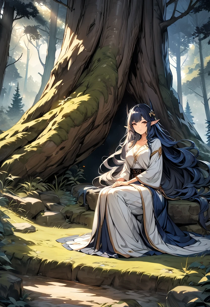 high quality, 4k, 8k, highres, HDR, UHD, masterpiece, ultra-detailed, a beautiful elf woman in a dark fantasy forest, sitting pose, creative angle, mature woman. extremely detailed face, long flowing hair, dark blue hair, curious expression, sitting under a large tree, anime style, highly detailed, 8k, fantasy art, magical atmosphere, mossy ground, dark setting, demonic forest, glowing eyes, pointed ears, detailed dress, intricate details, fantasy landscape