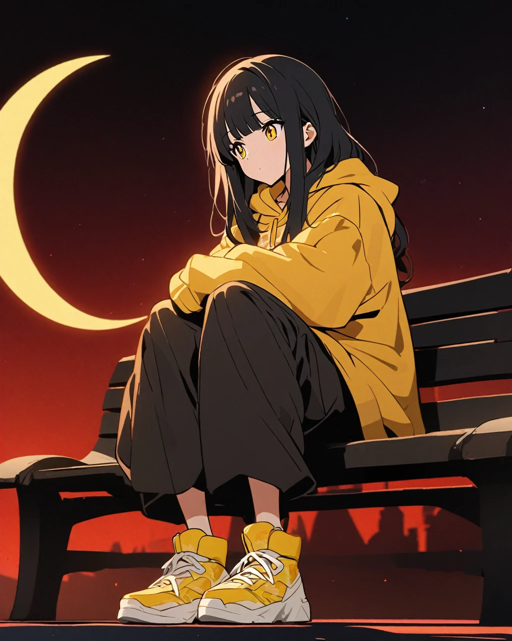 A girl with long black hair and bangs, sitting on a bench. She is wearing an oversized yellow hoodie with a graphic design on it and black baggy pants. Her footwear is white and yellow sneakers. The background is a simple red night sky with a yellow crescent moon. The style of the image is anime with clean lines and soft shading, and the girl has a calm, contemplative expression.