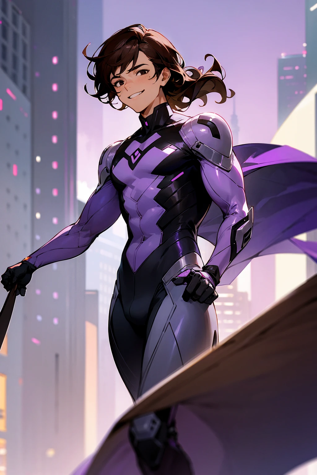 1male, brown hair, black eyes, short wavy hair, smiling expression, purple and white super suit, city background, detailed background, detailed face, standing, walking on path, hands to side