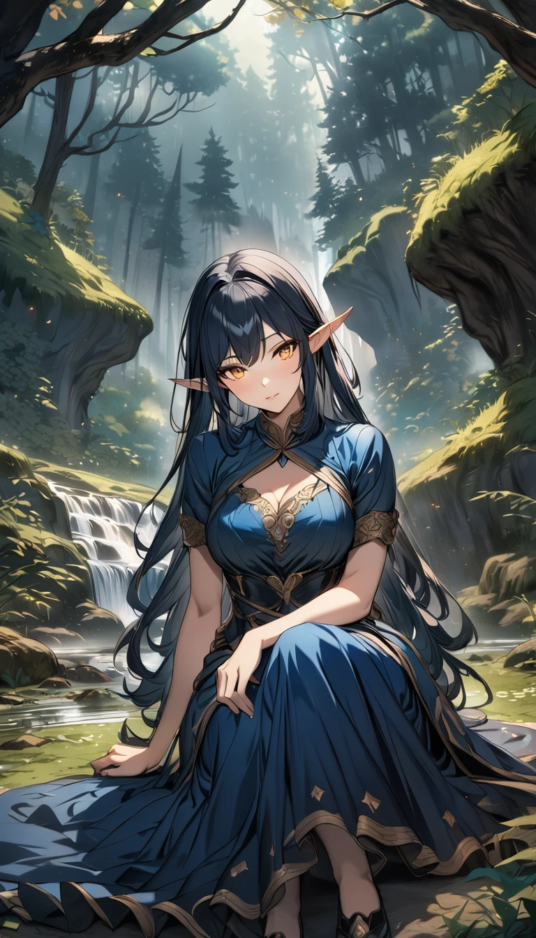 high quality, 4k, 8k, highres, HDR, UHD, masterpiece, ultra-detailed, a beautiful elf woman in a dark fantasy forest, sitting pose, creative angle, mature woman. short skirt, natural clothing, eld boots, extremely detailed face, medium long flowing hair, natural looking hair, rendered hair, dark blue hair, curious expression, sitting under a large tree, anime style, highly detailed, 8k, fantasy art, magical atmosphere, mossy ground, dark setting, demonic forest, glowing eyes, pointed ears, detailed dress, intricate details, fantasy landscape, simple background
