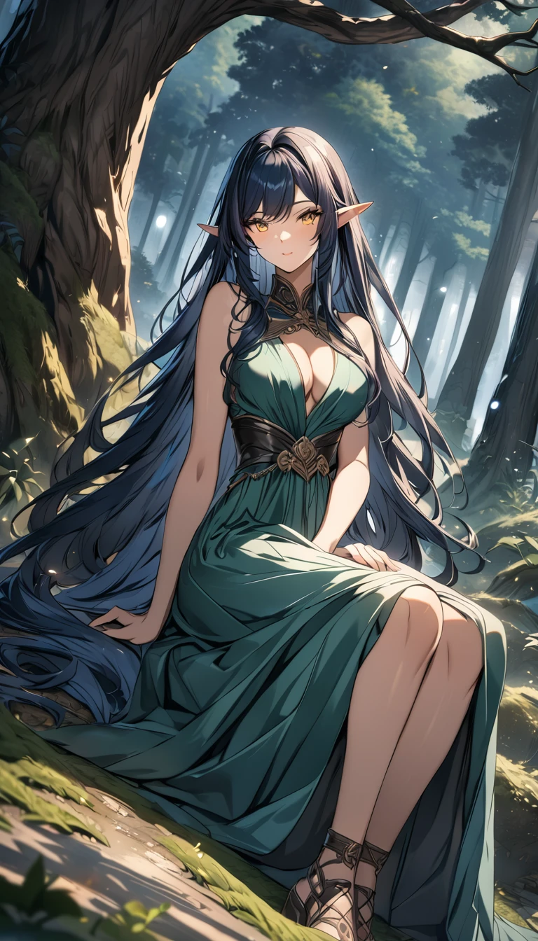 high quality, 4k, 8k, highres, HDR, UHD, masterpiece, ultra-detailed, a beautiful elf woman in a dark fantasy forest, sitting pose, creative angle, mature woman. extremely detailed face, long flowing hair, dark blue hair, curious expression, sitting under a large tree, anime style, highly detailed, 8k, fantasy art, magical atmosphere, mossy ground, dark setting, demonic forest, glowing eyes, pointed ears, detailed dress, intricate details, fantasy landscape
